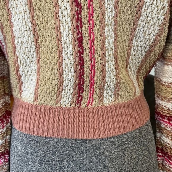 FREE PEOPLE KNIT CROP TOP STRIPED KNIT TAN WHITE AND PINK SWEATER NWT - Picture 9 of 11